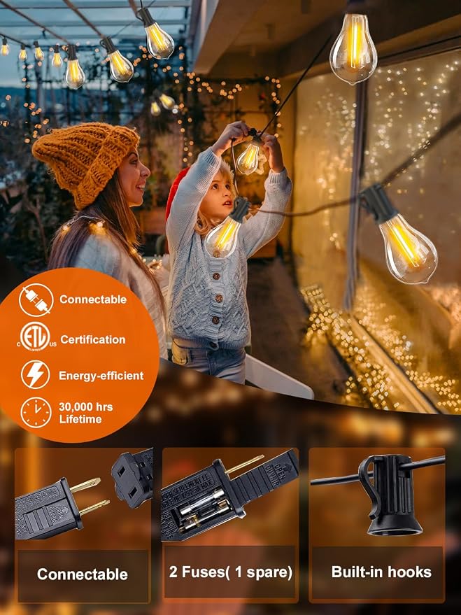 Outdoor String Lights 75FT Patio Light Waterproof for Backyard Porch Bistro | 2FT Bulbs Apart, 75 FT Connectable Outside Lighting with 38 Shatterproof Dimmable LED Edison Bulbs for Garden Balcony Party