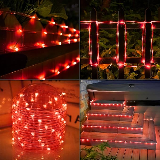 Jnaurb Solar Rope Lights, 33ft 100LED Solar String Lights, 8 Modes Waterproof Solar Outdoor Light, Flexible Clear Trampoline Light for Garden Backyard Patio Deck Porch, Pool Tree Decoration - Red