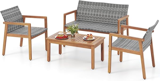 HAPPYGRILL 4-Piece Patio Furniture Set, PE Rattan Patio Bistro Set with Loveseat, Single Chairs & Coffee Table, Outdoor Acacia Wood Conversation Set for Garden, Backyard, Poolside & Porch