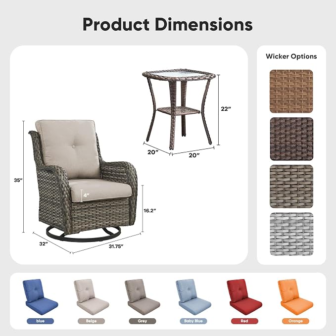 Belord 3 PCS Patio Furniture Set - Mixed Grey Wicker Swivel Rocking Chairs with Side Table, Furniture Set for Outdoor