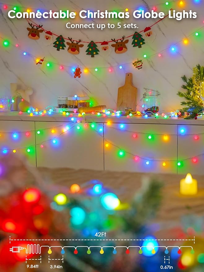 Connectable String Lights Indoor 100LED Smart Voice Controlled Fairy Lights | Multicolor 43FT Globe Light Plug in, 12 Modes, Timer & Remote, IP44 Waterproof, for Bedroom Classroom Christmas Room Decor