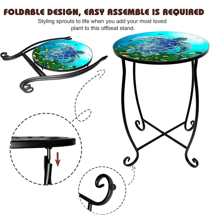 15 Inch Tall Outdoor Patio Table, Foldable Metal Turtle Table with Mosaic Design, Shatterproof Small Patio Table for Balcony Porch, Rust Resistant Mosaic Outdoor Side Table Style