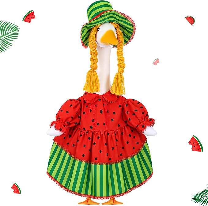Summer Watermelon Porch Goose Outfit for 23'' Cement Statue Watermelon Costume Clothes Dress Plastic Goose for Outdoor Front Garden Yard Patio Lawn Decor
