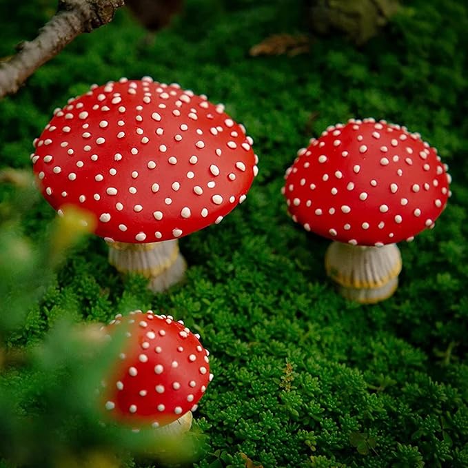OwMell Glow in The Dark Mushroom Statues, Set of 3 Mushroom Outdoor Ornament for Garden Yard Decor Accessories-Garden Stake