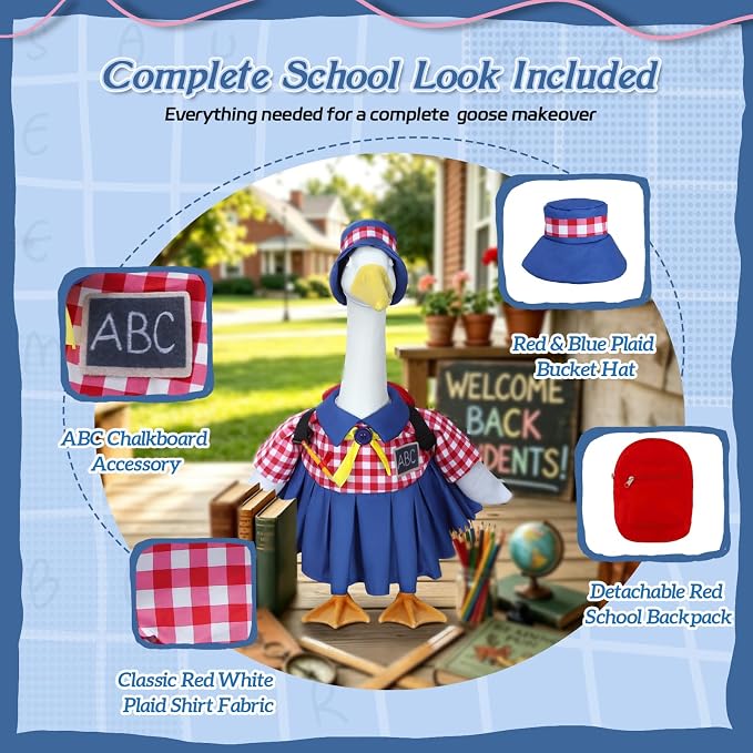 Back to School Porch Goose Outfit Fits 23'' Plastic/Cement Statue | Goose Outfits Back to School with Schoolbag, Pencil and ABC Chalkboard, Classroom Outdoor Garden Patio Yard Lawn Decoration