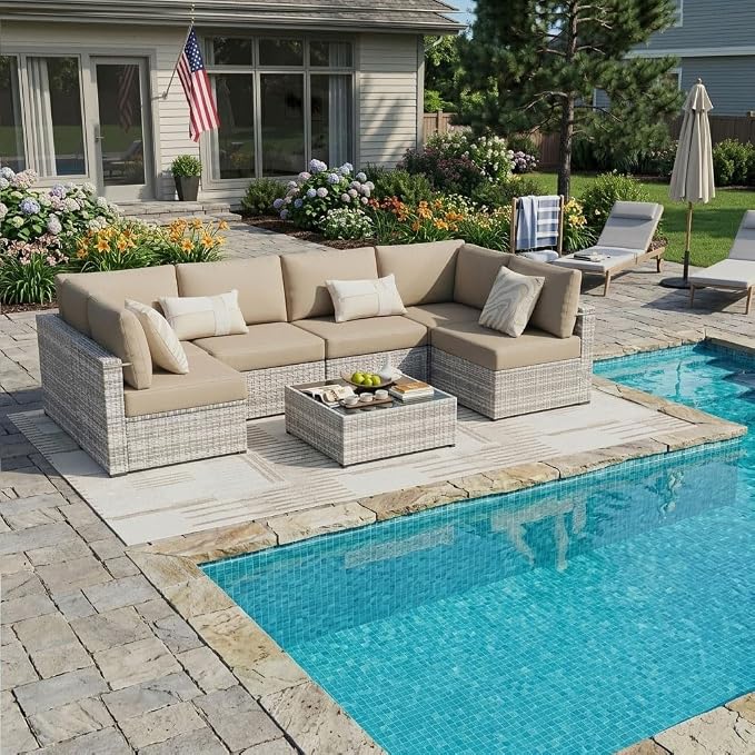 KIGOTY 7-Piece Patio Furniture Set, All-Weather PE Rattan Outdoor Sectional Sofa, Modular Wicker Conversation Set with Thick Cushions & Easy-Clean Coffee Table（Grey White/Camel）
