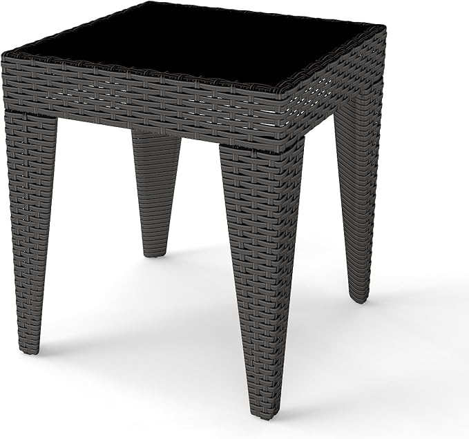 Kinfant Rattan Patio Side Table - Modern Wicker End Table, PE Coffee Table with Glass Top, Weather-Resistant Patio Furniture for Patio, Balcony, Garden, and Poolside (1, Rattan Black)
