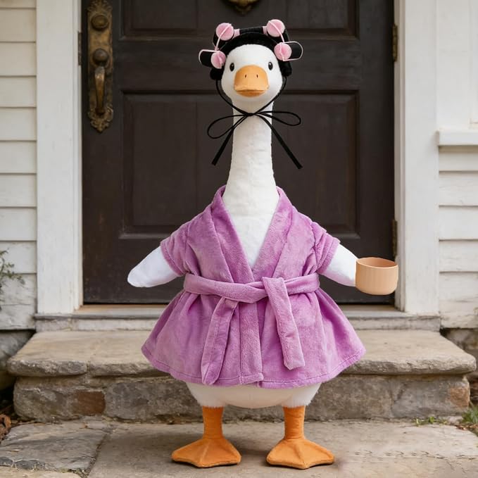Old Lady Porch Goose Outfits Grandma Goose Clothes Glasses Curly Wig Floral Print Dress Cardign and Pearl Necklace,23'' Geese Statue Outdoor Patio Yard Lawn Decoration (Purple)