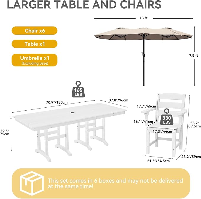 DWVO 8 Pcs HDPE Patio Dining Set with 13ft Umbrella, All-Weather White Outdoor Table and Chairs for 6, Heavy Duty Rectangle Pool Deck Furniture for Lawn, UV Resistant Outdoor Dining Set for Backyard
