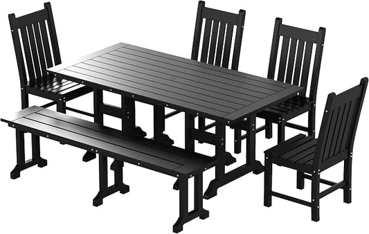WO Home Furniture Adirondack Patio Dining Chair Table Bench Set of 6 PCS Rectangle Dinner Table Dining Armless Chairs (Black)