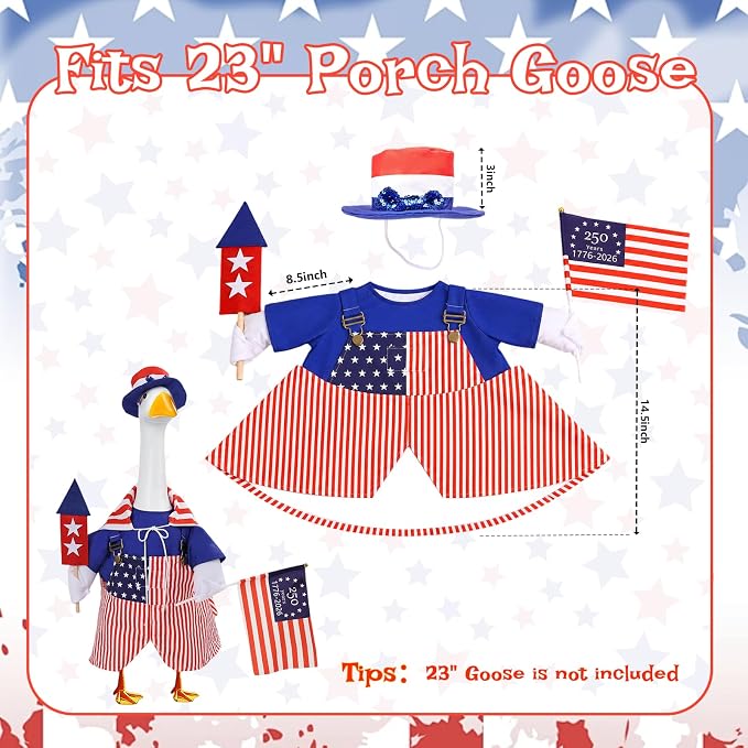 4th of July Porch Goose Outfit with Hat & Cape for 23" Goose, Outdoor Decor | 250th Anniversary Flag Design, Goose Clothes with Cape & Hat, Independence Day Decor for Outdoor Porch Yard Lawn Garden