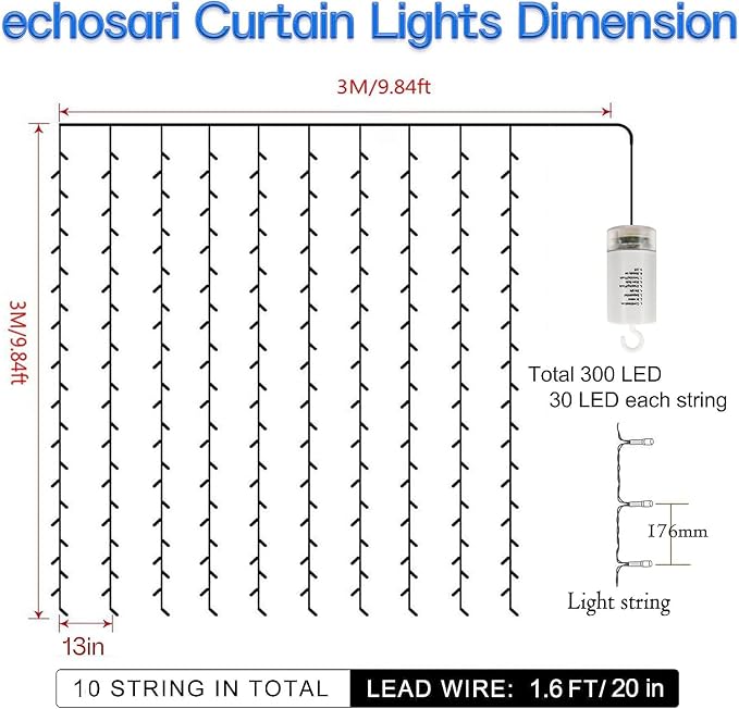 echosari 9.8Ft×9.8ft Curtain Lights Battery Operated with Remote Cool White | 300 LED Hanging Light Timer Fairy Curtain Lights for Bedroom Patio Wedding Backdrop Party Decór