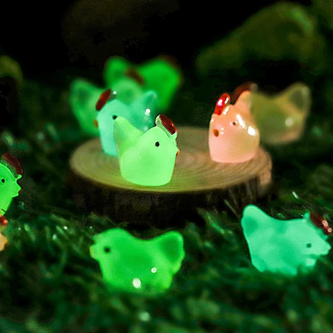 80 Pcs Luminous Mini Chicken, Resin Miniature Animal Figures in 8 Colors - Glow in Dark, Perfect for DIY Projects, Garden, Dollhouse, Aquarium Decor - Glows at Night