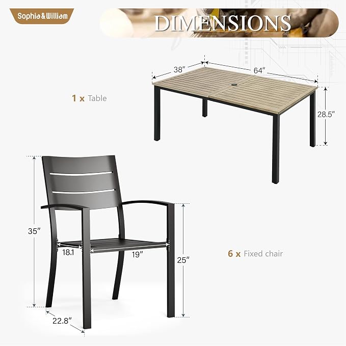 Sophia & William Patio Dining Set Outdoor Table and Chairs 7 Piece Metal Patio Table Furniture Set with Large Rectangular Dining Table for 6 Person and Stackable Outdoor Chairs Support 300LBS