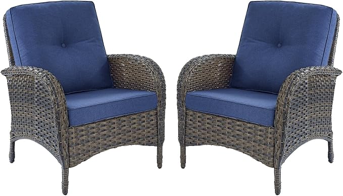 HUMMUH Outdoor Wicker Chairs Patio Dining Chairs Set of 2 with High Back and Deep Seat for Garden,Porch,Backyard,Balcony (Brown/Blue)