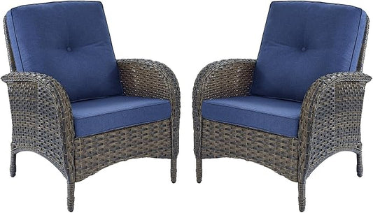 HUMMUH Outdoor Wicker Chairs Patio Dining Chairs Set of 2 with High Back and Deep Seat for Garden,Porch,Backyard,Balcony (Brown/Blue)