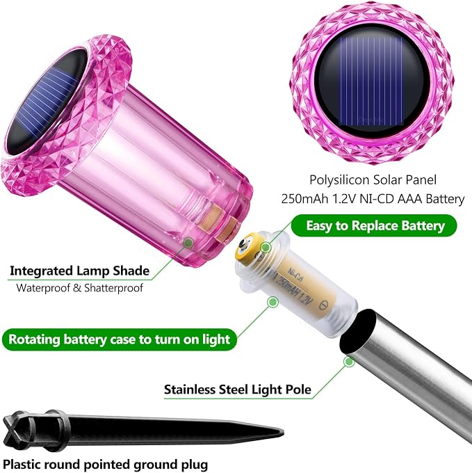 DenicMic Solar Outdoor Lights 10 Pack Pink LED Valentines/Mothers Day Decor | Garden Decor for Outside Yard Patio Flowerbed Pathway Starburst Pattern, Acrylic Diamond-like Lampshade Stainless Steel Pole