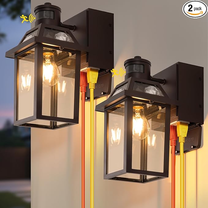 Yisuro Porch Lights with GFCI Outlet, Dusk to Dawn Motion Sensor Outdoor Light, 3 Lighting Modes Exterior Fixture, Outside for House Front Door Patio Garage(2 Pack Brown)