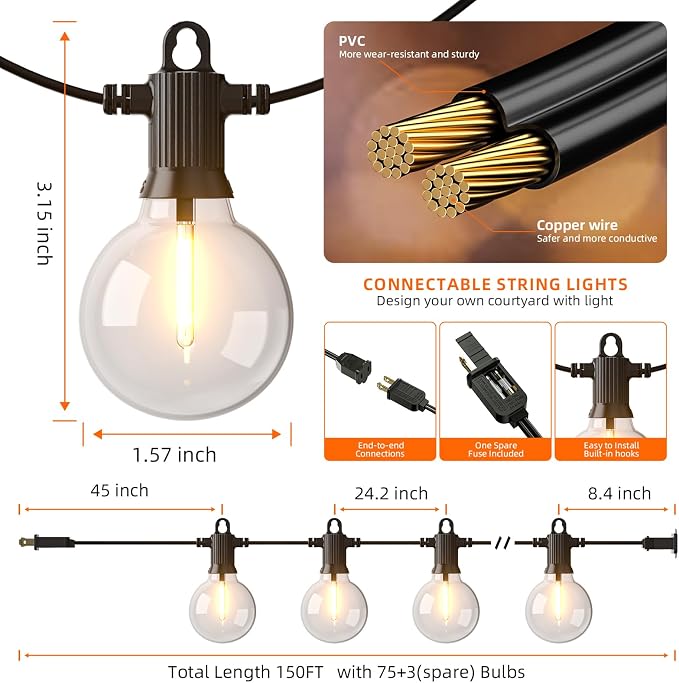 Kawaya String Lights for Outside,150FT LED Outdoor String Lights Waterproof Patio Lights with 72+3 Shatterproof Edison Globe Bulbs, Connectable Hanging Lights for Balcony Bistro Backyard Porch | IP65 72+3 Shatterproof Edison Globe Blubs, 2700K Warm Whi...
