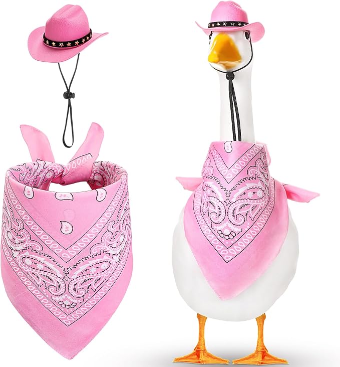 Shyyween Western Cowboy Porch Goose Outfits for 23"/ 17'' Lawn Cement Goose Statue Clothes Cowboy Hat with Bandana Scarf(Pink)