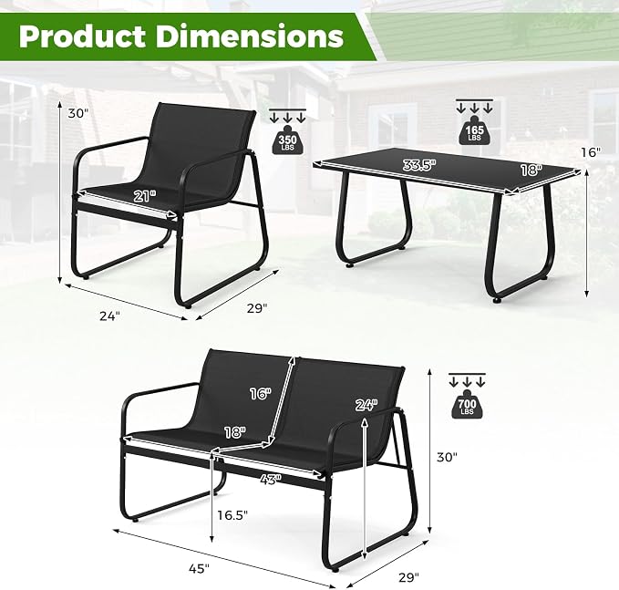 Tangkula 4 Piece Patio Furniture Set, Outdoor Metal Conversation Chair & Coffee Table Set with Mesh Seat Fabric & Tempered Glass Tabletop, Outside Bistro Set for Backyard, Porch, Poolside (Black)