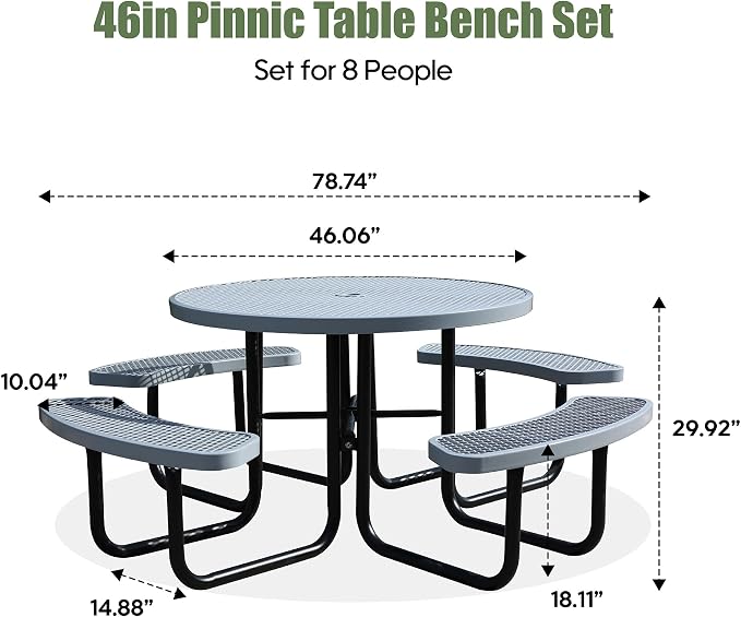 46" Round Picnic Tables for Outdoors,Commercial Metal Picnic Table Bench Set W/ Umbrella Hole,Restaurant School Canteen Tables W/Seats - Heavy Duty Sturdy Picnic Tables for Patio Garden Coffee Shop