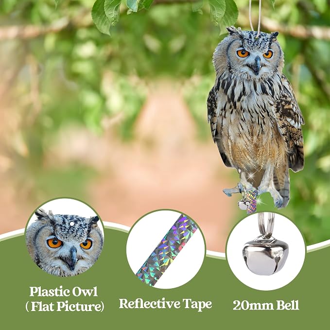 Fake Owl to Keep Pigeons Away from Balcony, 2Pcs Flat Plastic Owl to Scare Woodpecker from House, Garden Owls to Scare Pigeon Squirrel, Hanging Owls with Reflective Tape for Porch Yard Patio Windows