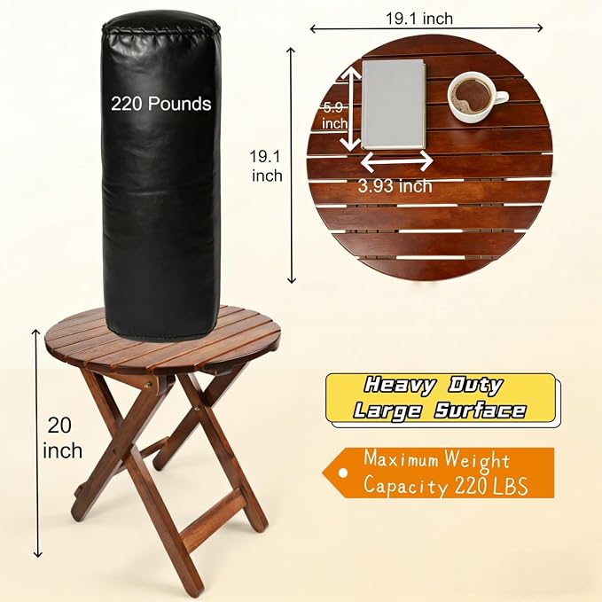 Outdoor Wooden Side Table, Folding Patio End Table, Small Round Furniture Table for Adirondack Chair, Balcony, Porch, Acacia Wood, No Assembly, Brown
