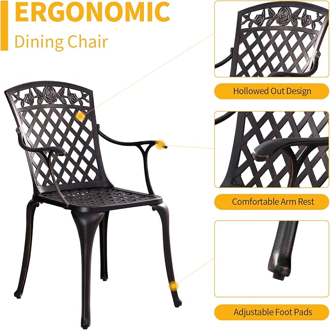 5 Pieces Outdoor Patio Dining Set, 36" Metal Outdoor Dining Set with 1.97" Umbrella Hole, Anti Rust Patio Furniture Set with 4 Chairs and Round Table for Garden, Porch and Poolside, Bronze