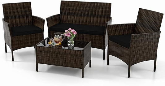 KOTEK 4 Piece Patio Furniture Set, Outdoor Rattan Conversation Set with Loveseat, Wicker Chairs, Tempered Glass Coffee Table, Wicker Patio Set for Backyard, Porch (Black)