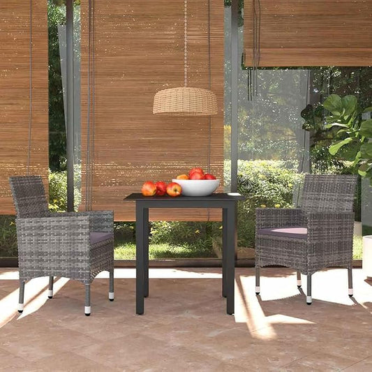 3 Piece Patio Dining Set with Cushions, Outdoor Wicker Rattan Dining Table and Chairs for 2, Gray PE Wicker and Dark Gray Cushions, Glass Top Aluminum Frame Table, Weather-Resistant Garden Furniture