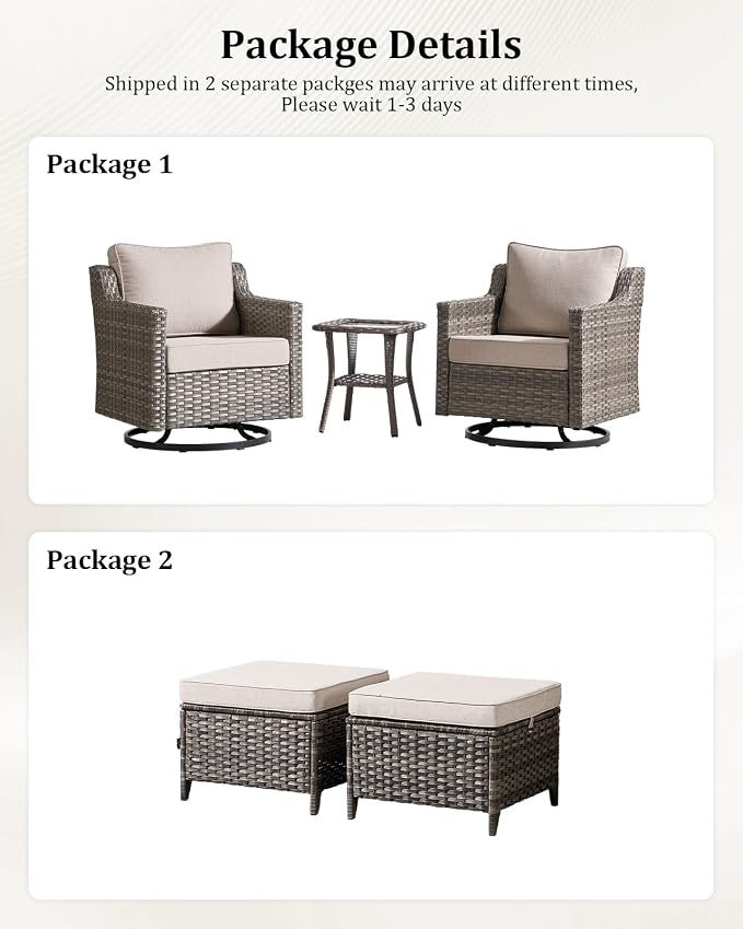 Outdoor Furniture Set of 5, Patio Furniture Set with Wicker Swivel Rocker Chairs, Ottomans and Side Table, High Back&Deep Seat for Garden Deck Porch Balcony Backyard - Beige