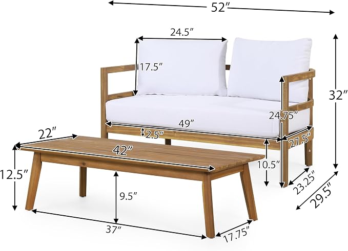 Christopher Knight Home Molly 5-Piece Patio Furniture Set, Solid Wood Outdoor Conversation Set with Coffee Table, Outdoor Sofa Set with Loveseat, Club Chairs And 3-Seater Sofa for Backyard, Teak+White