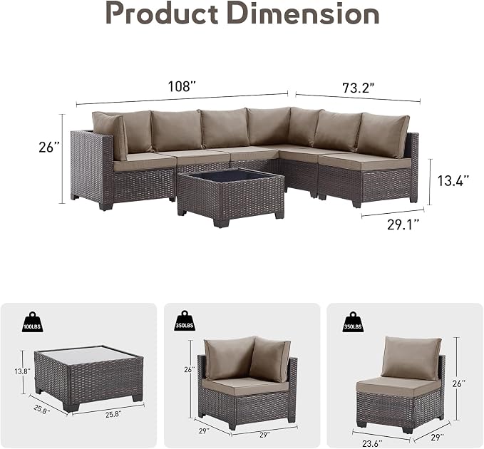 Bonzy Home 7 Pieces Outdoor Patio Furniture Set, PE Rattan Outdoor Sectional Furniture Sofa Set with Removable Cover and Glass Coffee Table, Patio Sofa for Balcony, Porch, Garden, (Brown-Khaki)