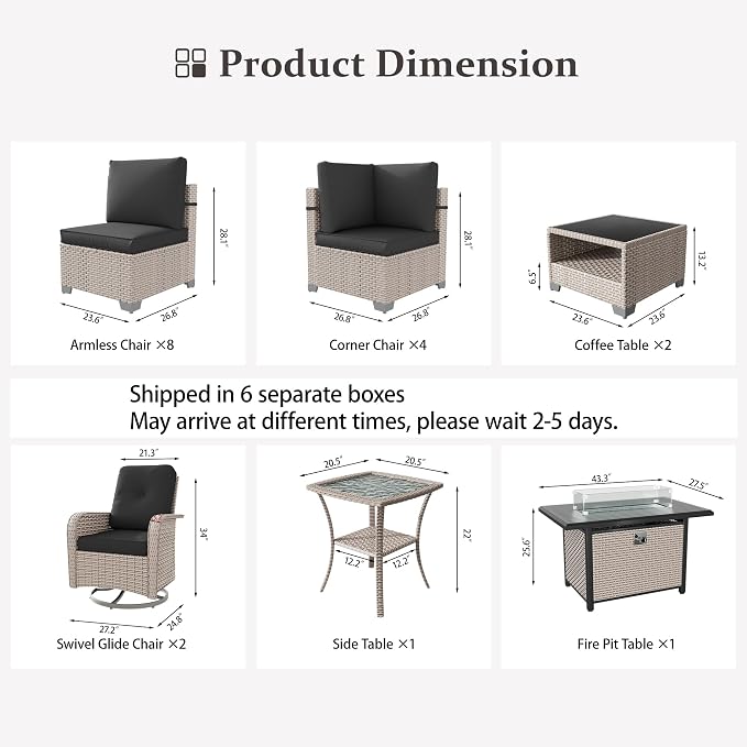 18 Pieces Patio Furniture Set with Fire Pit Table, Outdoor Sectional Wicker Sofa with Thick Cushions, High Back Swivel Rocker Patio Chairs, Rattan Conversation Set with Coffee Table, Black