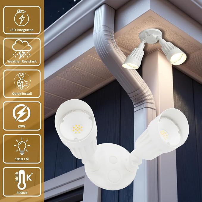 LED White 2-Light Bullet Flood Light- 3000K Adjustable Dual Head Hardwired Outdoor Security Light, Waterproof Spot Light for Yard, Patio, Garden, Garage, Landscape & Exterior Walls