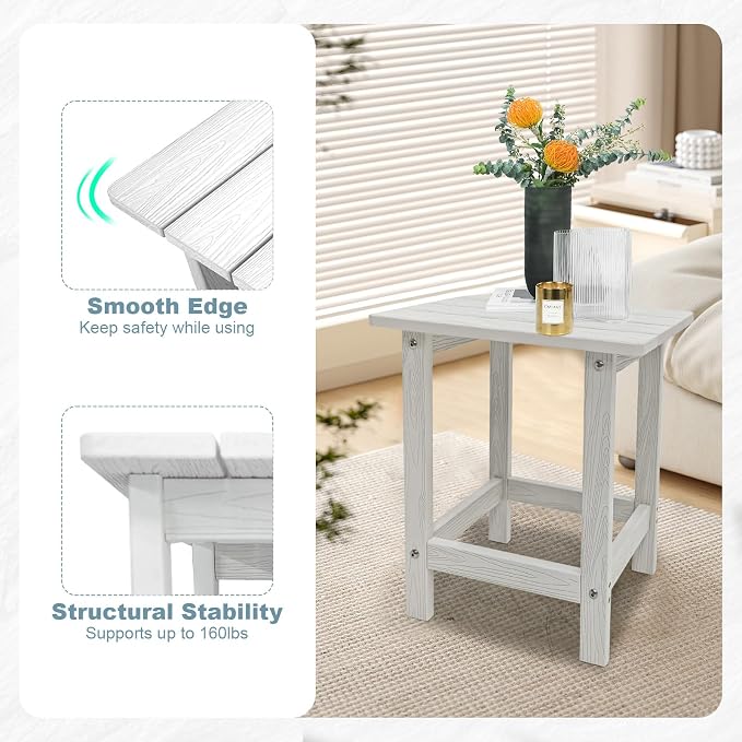 Meluvici Outdoor Side Table, HDPS Single Adirondack Side Table Weather Resistant, Table for Adirondack Chair, End Table for Patio, Pool, Deck, Porch, Outdoor or Indoor Use, White