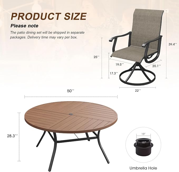 VICLLAX Patio 7 Pieces Outdoor Dining Set, 50" Round Metal Table with Umbrella Hole and 6 Swivel Textilene Chairs for Lawn, Garden, Porch, Walnut/Brown