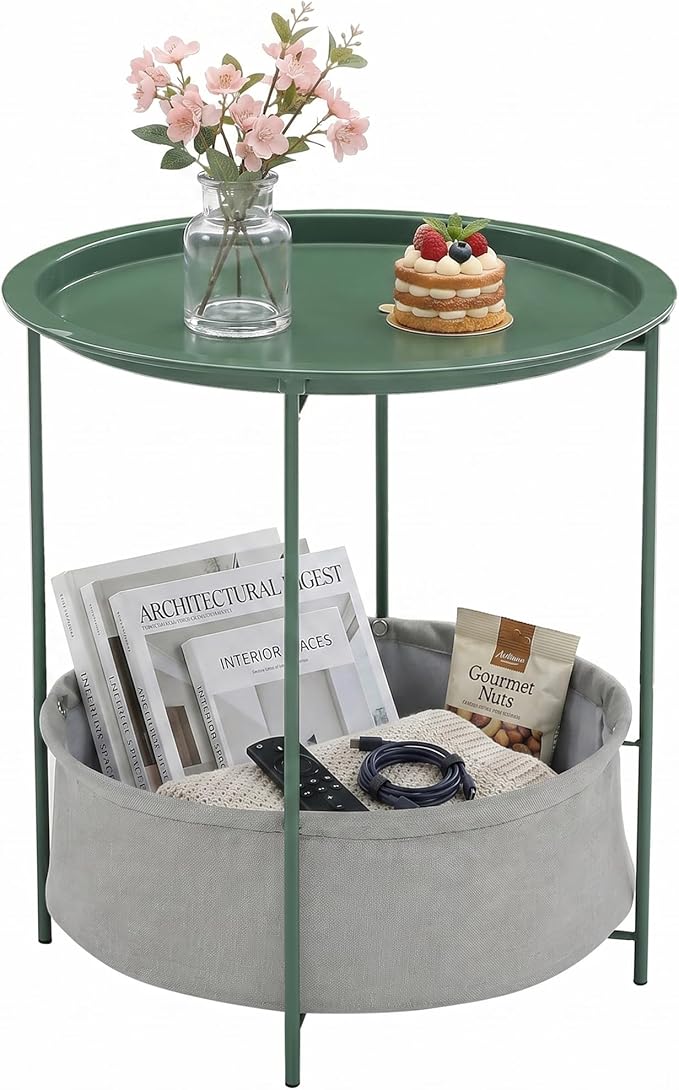 VECELO Round Side/End Table with Fabric Storage Basket，Metal Anti-Rust and Waterproof Small Bedside Nightstand with Removable Tray Top for Living Room，Balcony & Laundry，Dark Green /1pcs with Basket