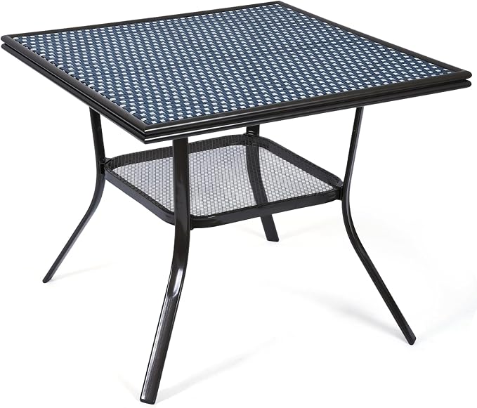 Outdoor Patio Dining Table for 4 People, 35.2" All Weather Hand-Woven PE Rattan Square Table for Garden Backyard Porch Poolside, Blue