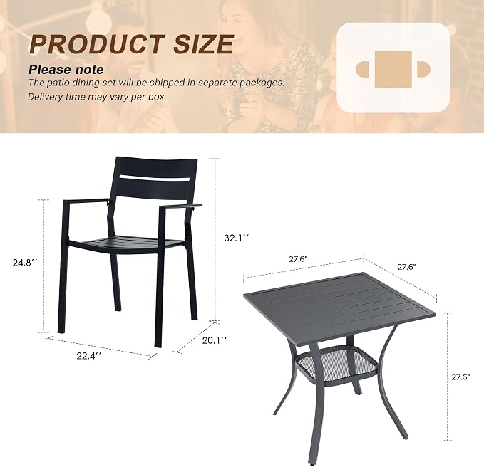 VICLLAX Patio 3 Pieces Outdoor Bistro Table Set, Wrought Iron Metal Furniture with 28" Square Table and 2 Stackable Chairs, Patio Dining Set for Patio, Lawn, Garden, Porch, Dark Grey/Black