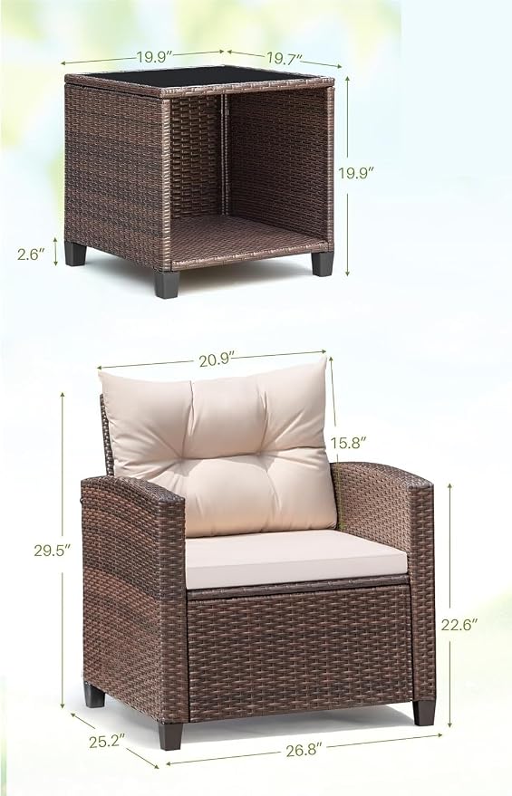 PE Rattan Wicker Patio Sets 3 Pieces Outdoor Patio Furniture Set with Two Chairs and Table for Porch Garden Poolside Balcony