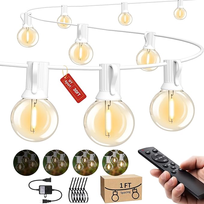 White Outdoor String Lights 30FT (1FT Apart) Remote for Patio Wedding Party | Connectable Waterproof Outside Lighting with 28 Globe Bulbs Remote Dimming & 3 Modes,Timmer for Porch Bistro Fence Backyard