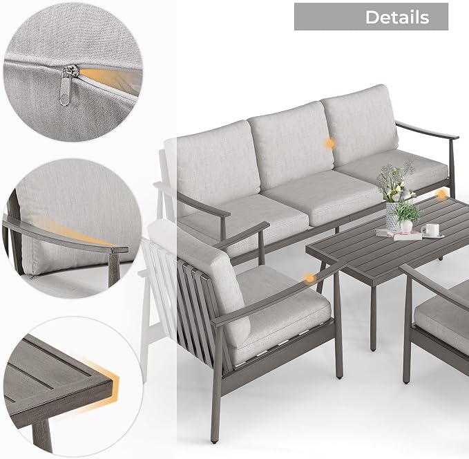 HAPPATIO Outdoor Furniture Set - 5 Piece Aluminum Patio Conversation Set with 1 Coffee Table, 2 Armchairs, Loveseat and 3-Seat Sofa, Aluminum Patio Furniture Set for Backyard Deck Poolside (Grey)