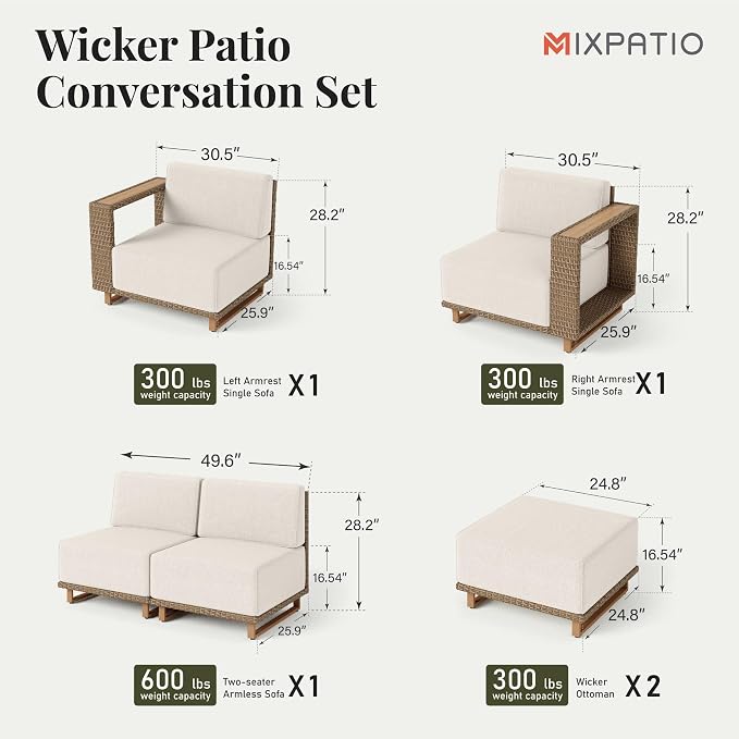 MIXPATIO Upgraded Outdoor Sectional, 6-Piece Patio Furniture Conversation Set with Yellow Rattan & 10-Inch Thick Cushion for Deck Yard Garden Backyard