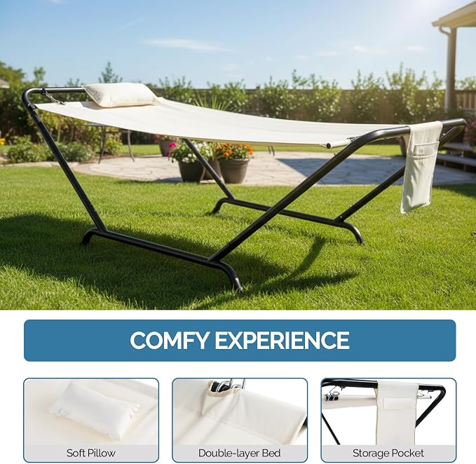 Freestanding Hammock with Stand, 330lbs Capacity Heavy Duty Outdoor Hammock Bed with Soft Pillow & Side Storage Pocket, Double-Layer Fabric Portable Hammock for Patio, Garden, Beige