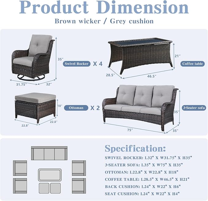 Belord Wicker Patio Furniture Sets - 8 Piece Rattan Outdoor Furniture Conversation Sets with 4 Swivel Rocker Chairs, Rattan Sofa, Wicker Ottomans and Coffee Table, Brown/Grey