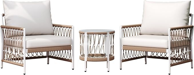 Christopher Knight Home Gwen 3-Piece Bohemian Outdoor Patio Furniture Set, Set of 2 Lounge Chairs with Cushions & Glass Top Side Table, Patio Conversation Set for Garden, Poolside, Beige + Natural