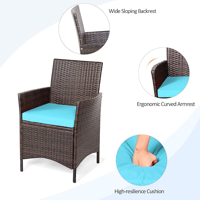 COSTWAY 3 Pieces Patio Rattan Furniture Set, Outdoor Wicker Cushioned Sofa with Tempered Glass Tabletop, Rattan Conversation Set for Porch Yard Balcony Backyard Pool, Turquoise