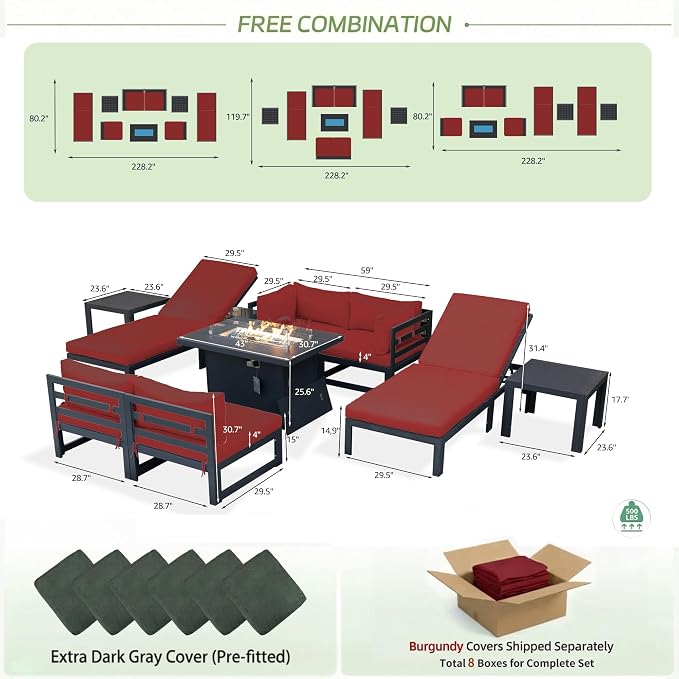 RADIATA 9 Piece XL Aluminum Patio Sectional Furniture Set with Chaise & Fire Pit Table, 500 lbs Heavy Duty Anti-Rust Outdoor Couch, 29 inch Deep Wide Seating, Elegant Conversation Sofa for Yard, Red
